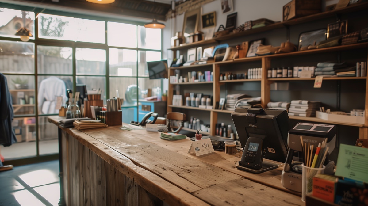 A real shop counter with a card payment device, shelves of stock behind