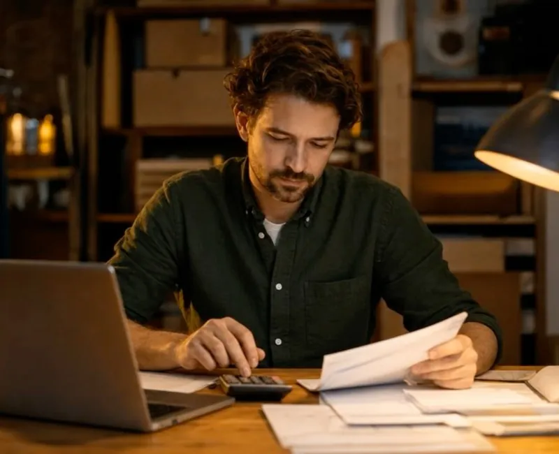 A shop owner working through paper statements at a desk with a calculator
